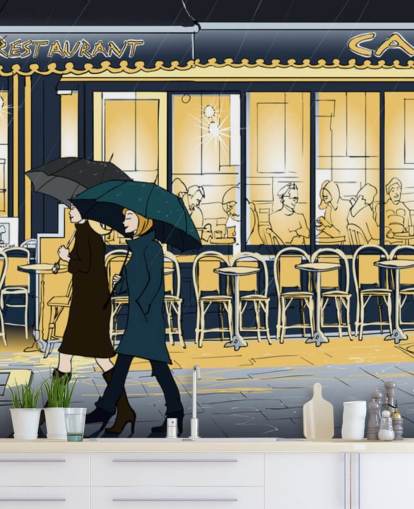 Blue and Yellow Cafe View Wallpaper