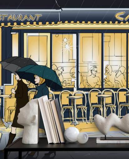 Blauw en geel Cafe View behang