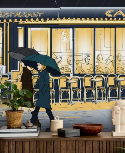 Papier peint bleu et jaune avec vue sur le café