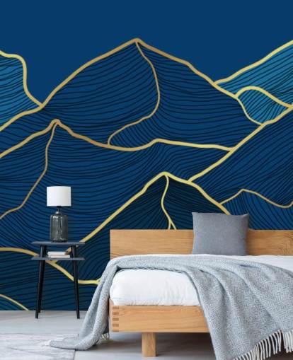 papel pintado de montañas de líneas doradas y azul marino