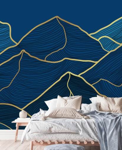 papel de parede de montanhas de linha azul marinho e ouro
