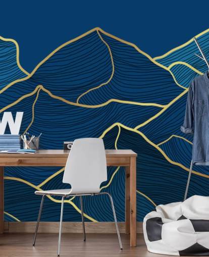 papel de parede de montanhas de linha azul marinho e ouro