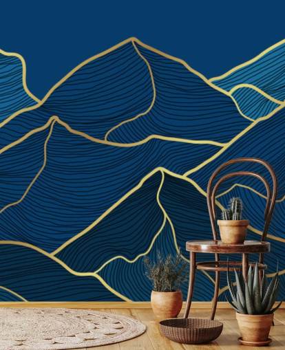 papel pintado de montañas de líneas doradas y azul marino