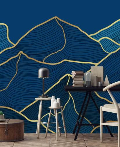 goud en marineblauwe lijn bergen behang