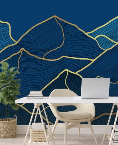 papel pintado de montañas de líneas doradas y azul marino