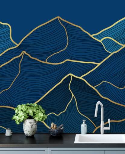carta da parati montagne linea oro e blu navy