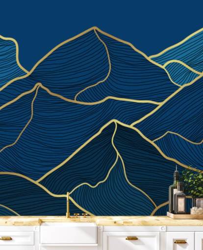 papel pintado de montañas de líneas doradas y azul marino