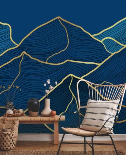 papel pintado de montañas de líneas doradas y azul marino