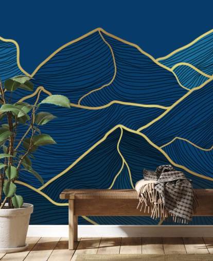 carta da parati montagne linea oro e blu navy