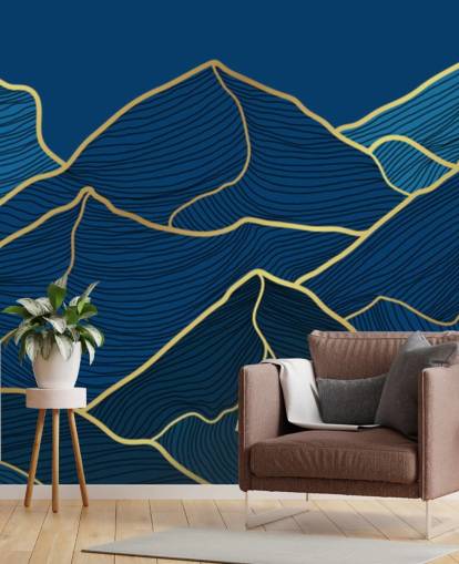 papel de parede de montanhas de linha azul marinho e ouro