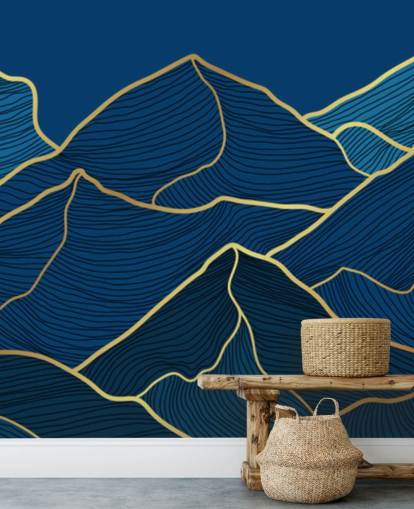 goud en marineblauwe lijn bergen behang