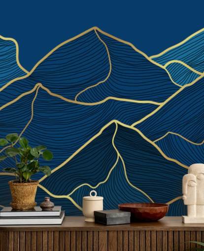 fond d'écran montagnes ligne or et bleu marine