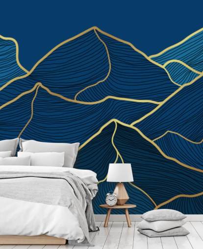 carta da parati montagne linea oro e blu navy