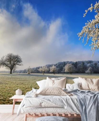 frostiges Feld mit weißen Bäumen Tapete