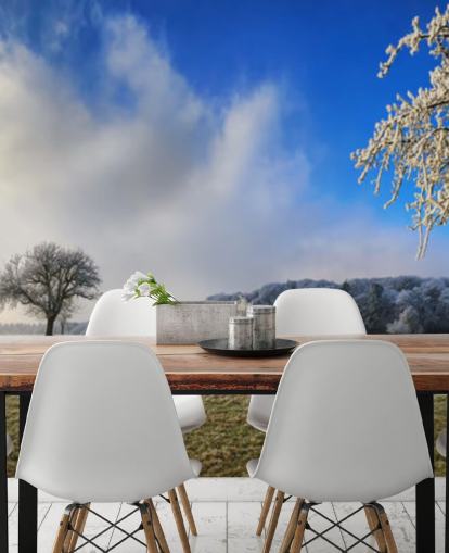 ijzig veld met witte bomen behang