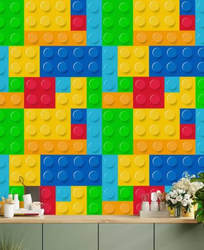 farbenfrohe individuelle Lego-Tapete namens Toy Bricks für das Kinder- oder Kinderzimmer 