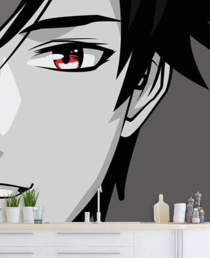 fond d'écran homme noir et blanc aux yeux rouges