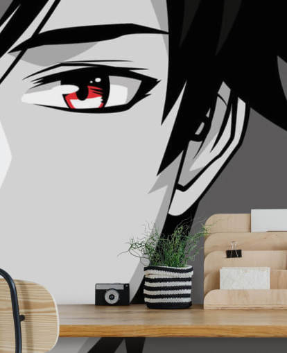 fond d'écran homme noir et blanc aux yeux rouges