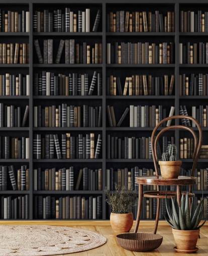 dark bookshelf cum library wallpaper