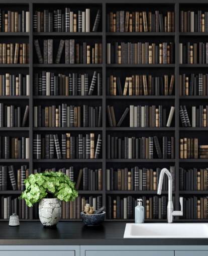 mørk bokhylle cum bibliotek tapet