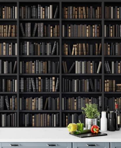 mørk bokhylle cum bibliotek tapet