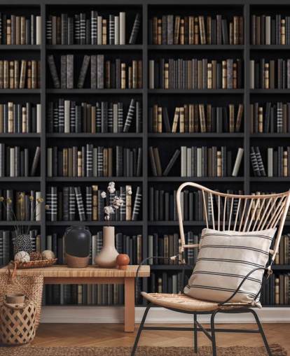 donkere boekenplank cum bibliotheek behang