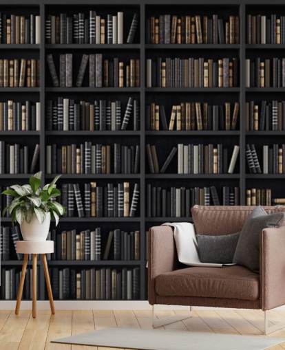 dunkles Bücherregal mit Bibliothek Tapete
