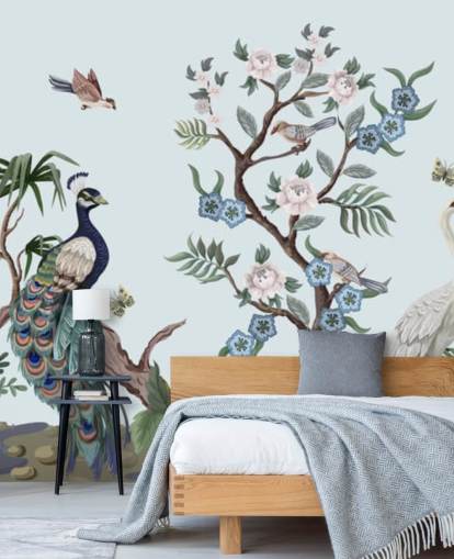 papier peint chinoiserie bleu paon, héron et phesant