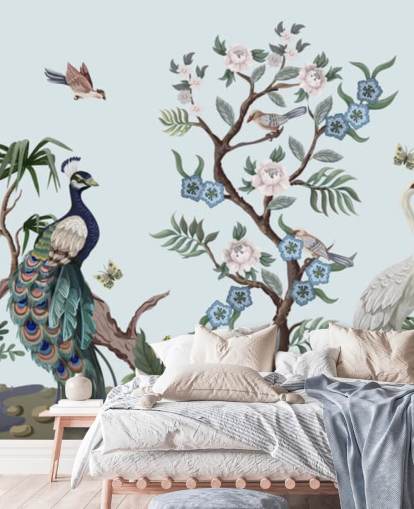 peacock, heron and phesant blue chinoiserie wallpaper