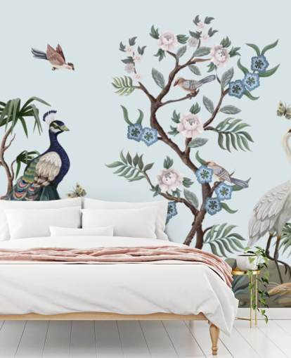 Papel pintado de chinoiserie azul pavo real, garza y fesán