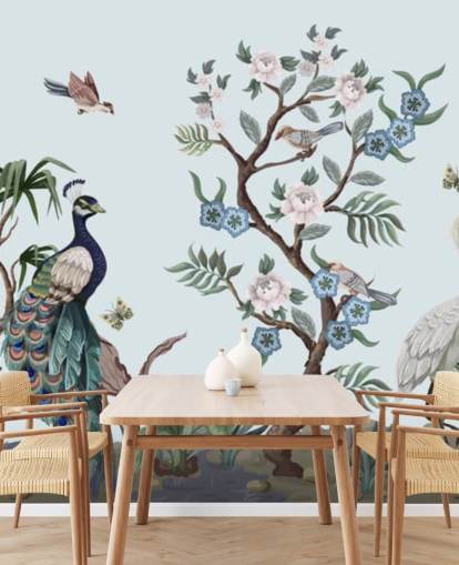 Papel pintado de chinoiserie azul pavo real, garza y fesán