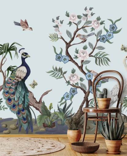 påfugl, hegre og phesant blå chinoiserie tapet