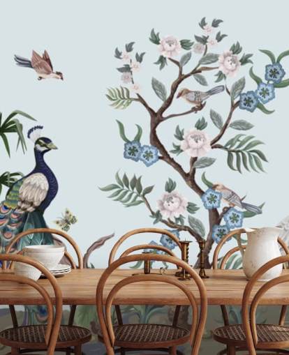 Papel pintado de chinoiserie azul pavo real, garza y fesán