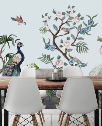Papel pintado de chinoiserie azul pavo real, garza y fesán