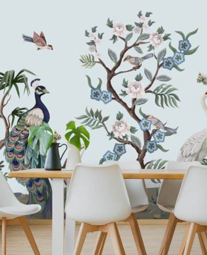 Papel pintado de chinoiserie azul pavo real, garza y fesán