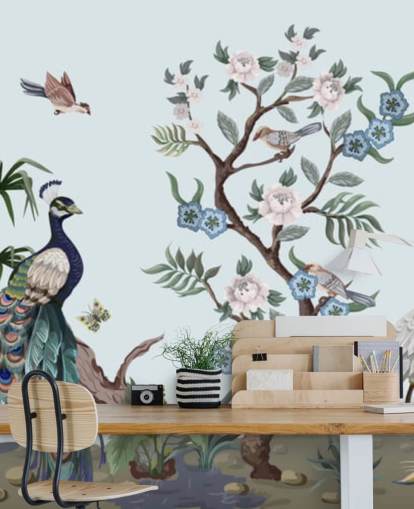 papel de parede pavão, garça e phesant blue chinoiserie