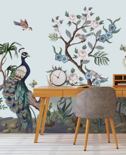 peacock, heron and phesant blue chinoiserie wallpaper