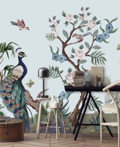 påfågel, häger och phesant blå chinoiserie tapeter påfågel, häger och phesant blå chinoiserie tapeter