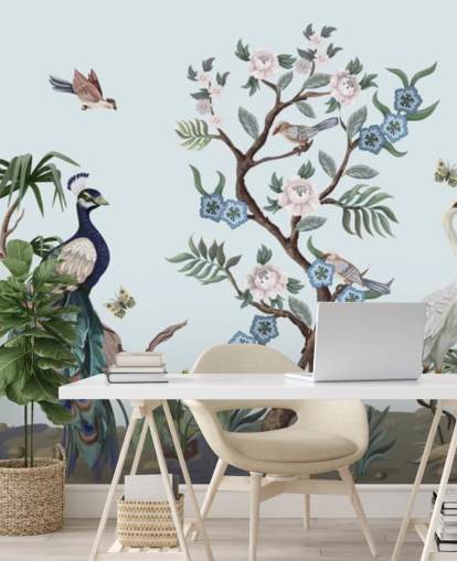 peacock, heron and phesant blue chinoiserie wallpaper peacock, heron and phesant blue chinoiserie wallpaper