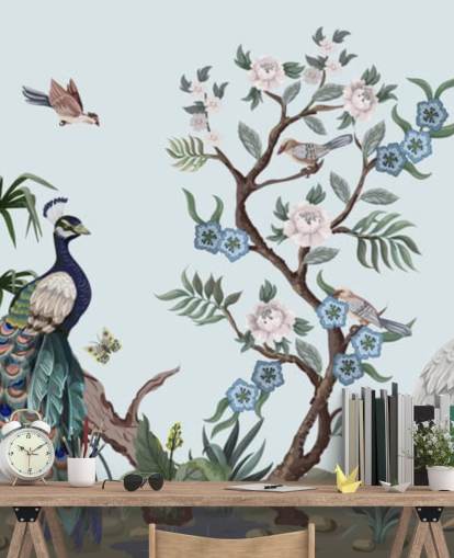 papier peint chinoiserie bleu paon, héron et phesant papier peint chinoiserie bleu paon, héron et phesant