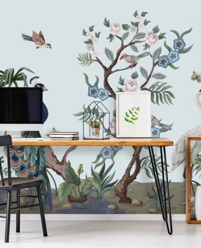 påfugl, hegre og phesant blå chinoiserie tapet påfugl, hegre og phesant blå chinoiserie tapet