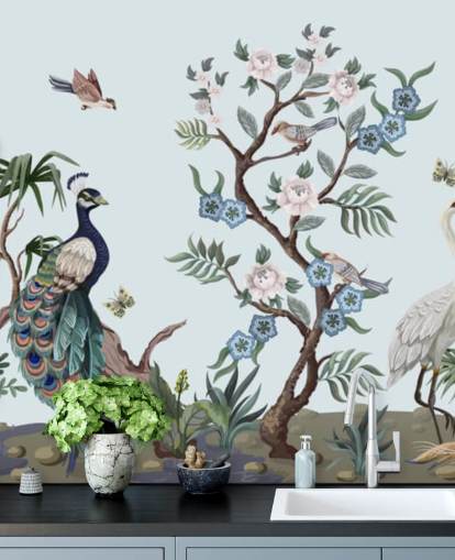 peacock, heron and phesant blue chinoiserie wallpaper