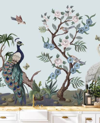 papel de parede pavão, garça e phesant blue chinoiserie papel de parede pavão, garça e phesant blue chinoiserie