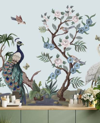 peacock, heron and phesant blue chinoiserie wallpaper