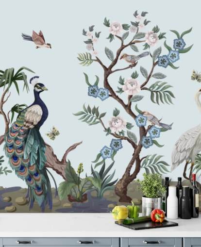 papier peint chinoiserie bleu paon, héron et phesant