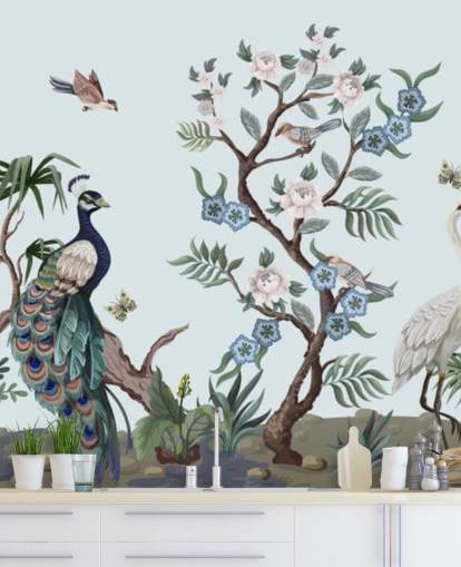 riikinkukko, haikarat ja fesant sininen chinoiserie tapetti