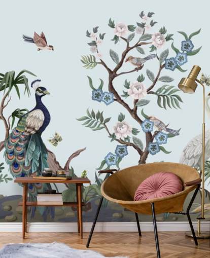 påfågel, häger och phesant blå chinoiserie tapeter