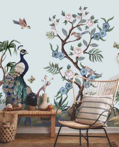 påfugl, hejre og phesant blå chinoiserie tapet
