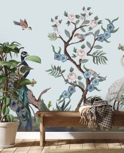 papel de parede pavão, garça e phesant blue chinoiserie
