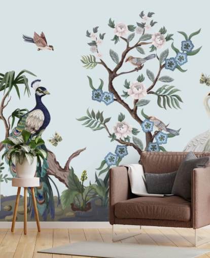 papier peint chinoiserie bleu paon, héron et phesant